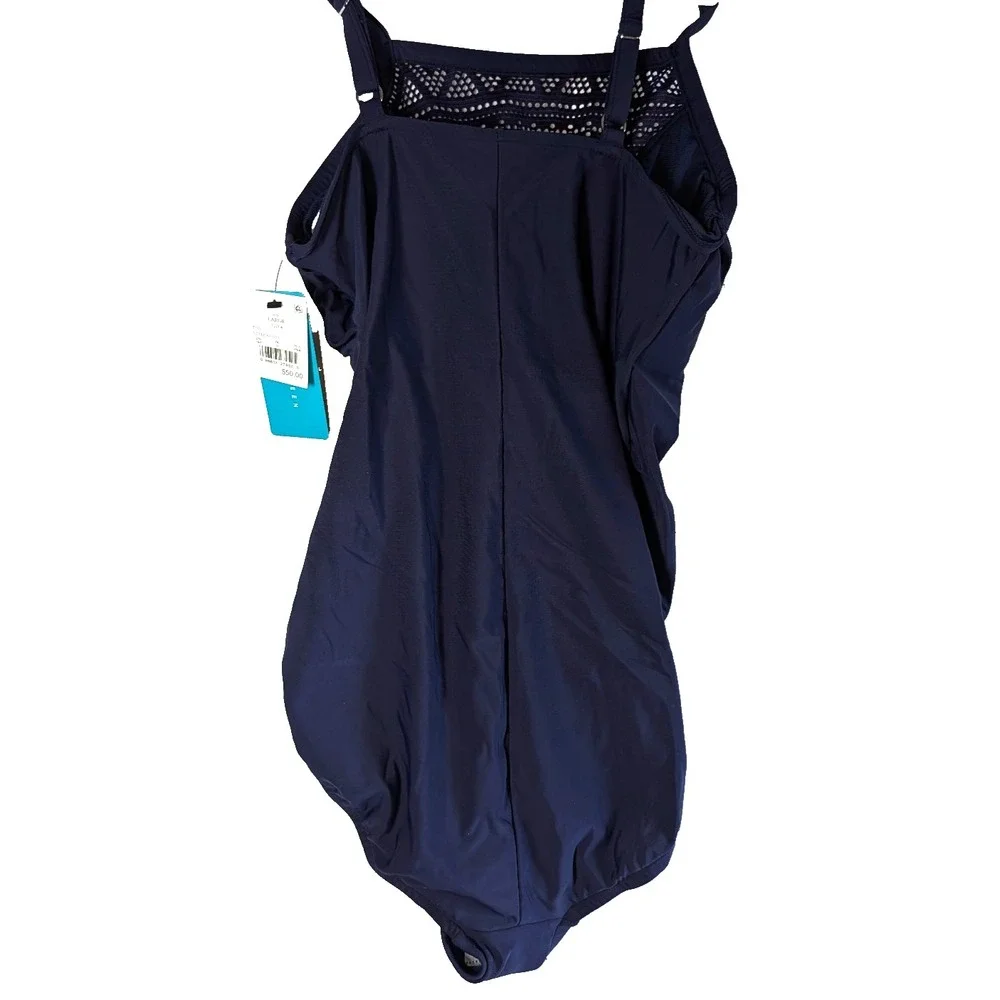 Womens Crochet High Neck One Piece Swimsuit - AquaGreen True Navy L NWT